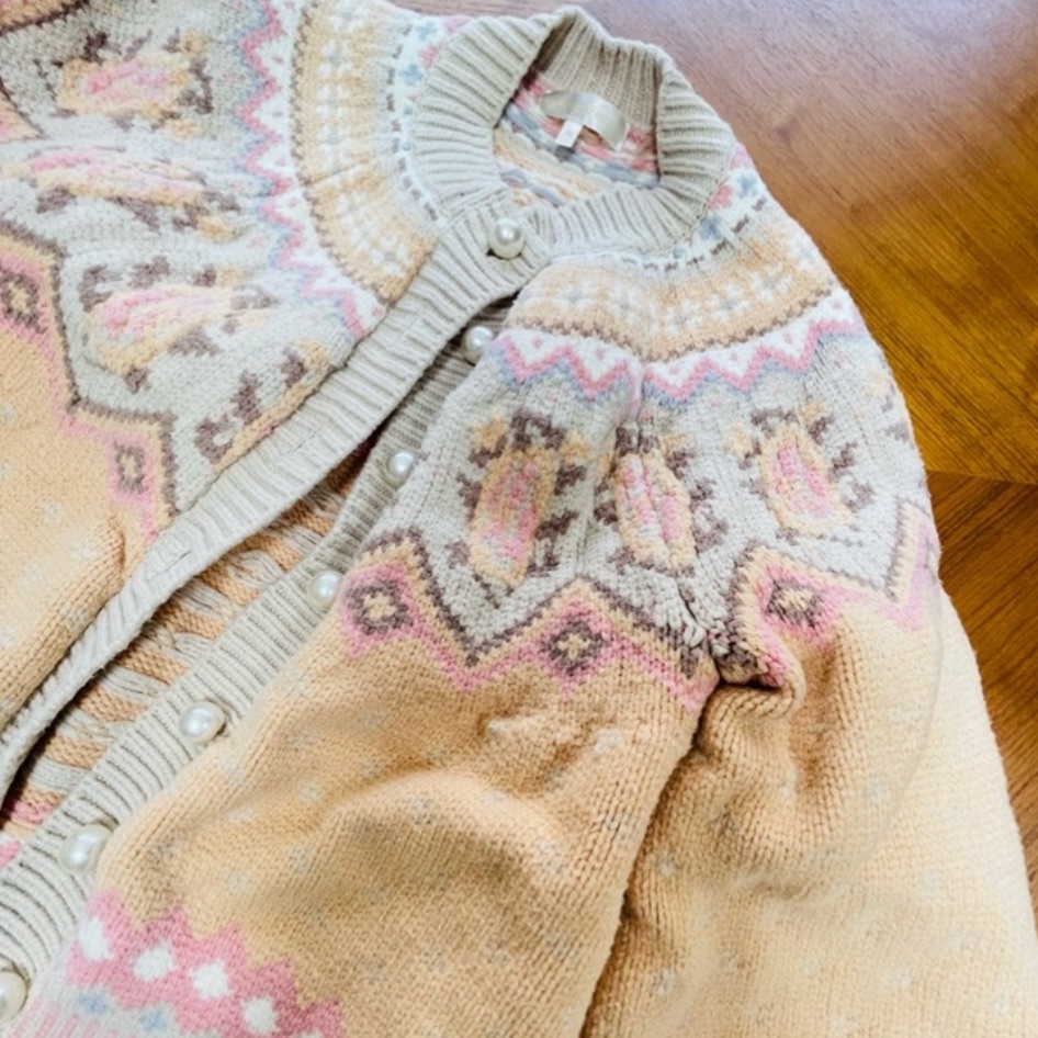 Loveshackfancy Pearl-Buttoned Cream And Pink Fair Isle Sweater
